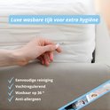 Hand opent rits van witte wasbare matrashoes. 'Luxe wasbare tijk voor extra hygiëne'.