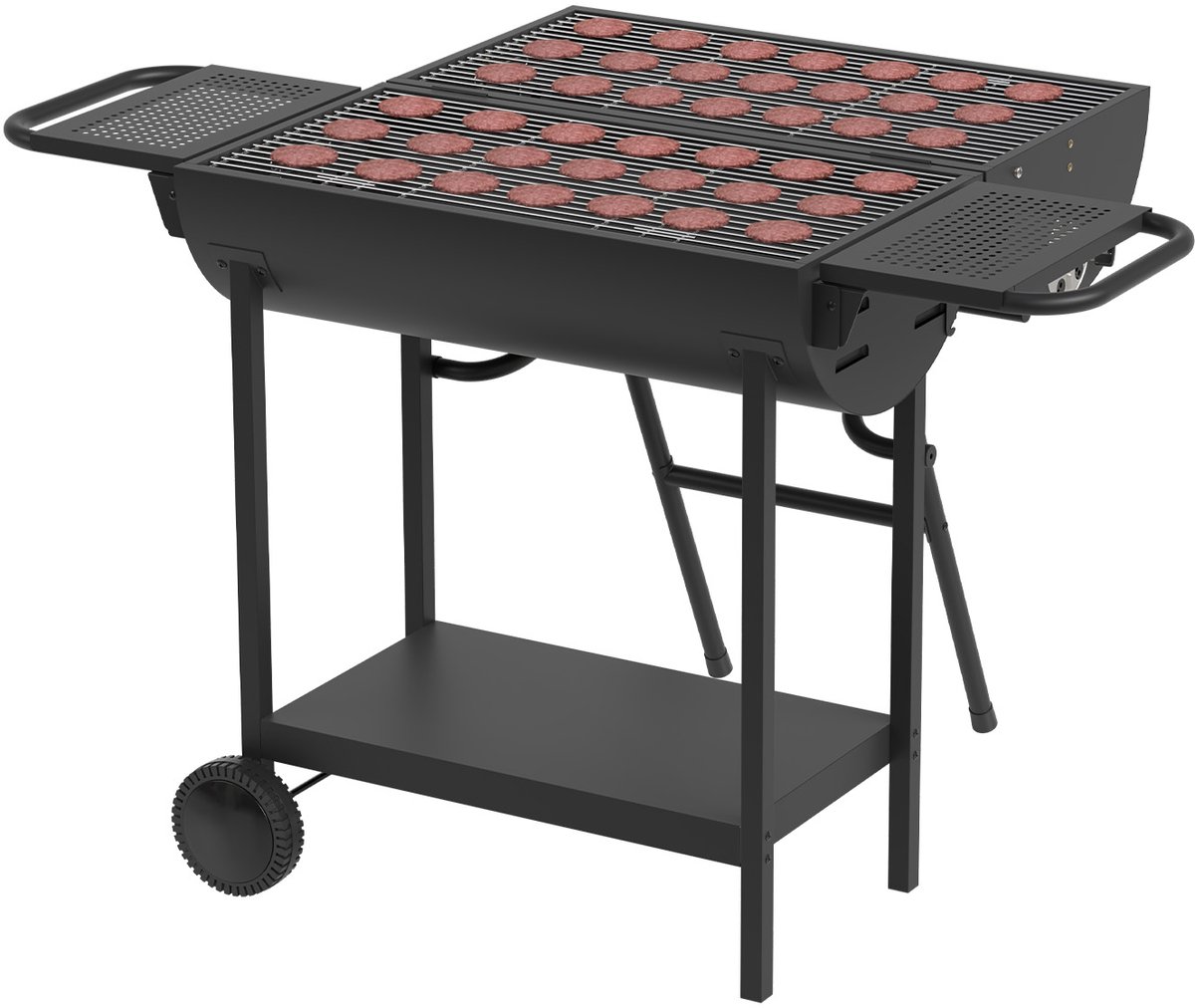 KitchenBrothers 2-in-1 Houtskool BBQ XL - Verstelbare luchtroosters - PFAS Vrij - Dubbele BBQ - Zijtafels - Grillrooster BBQ - Vaderdag Cadeau - Zwart