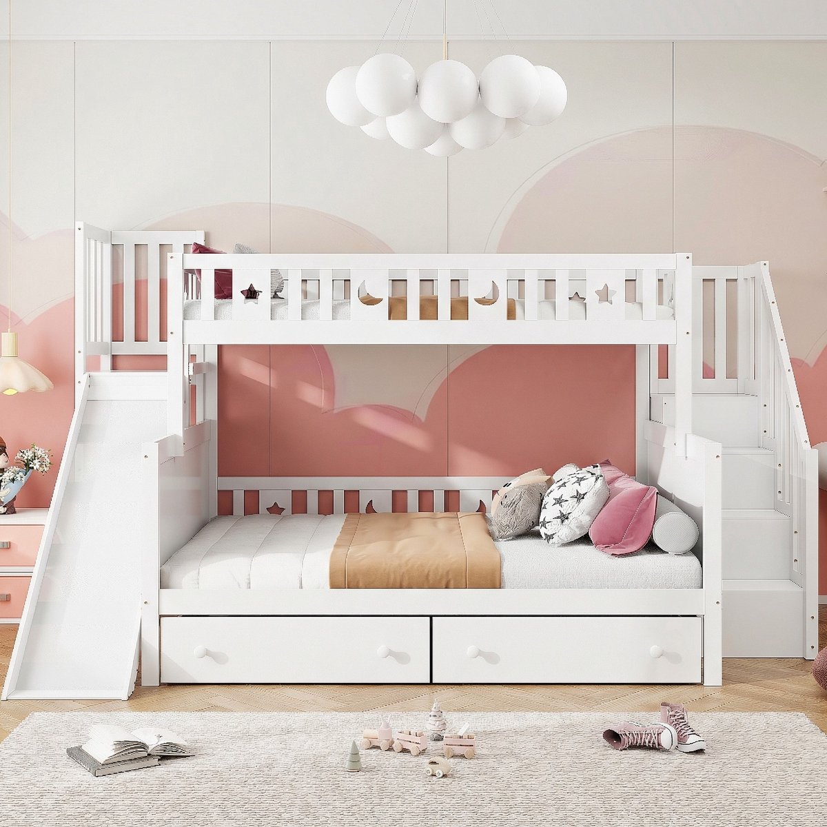 VVBV Stapelbed 200/140x200 cm + 90x200 cm met Voor Kinderen/Tieners, Glijbaan - Lattenbodem, Planken - Massief Hout Wit White