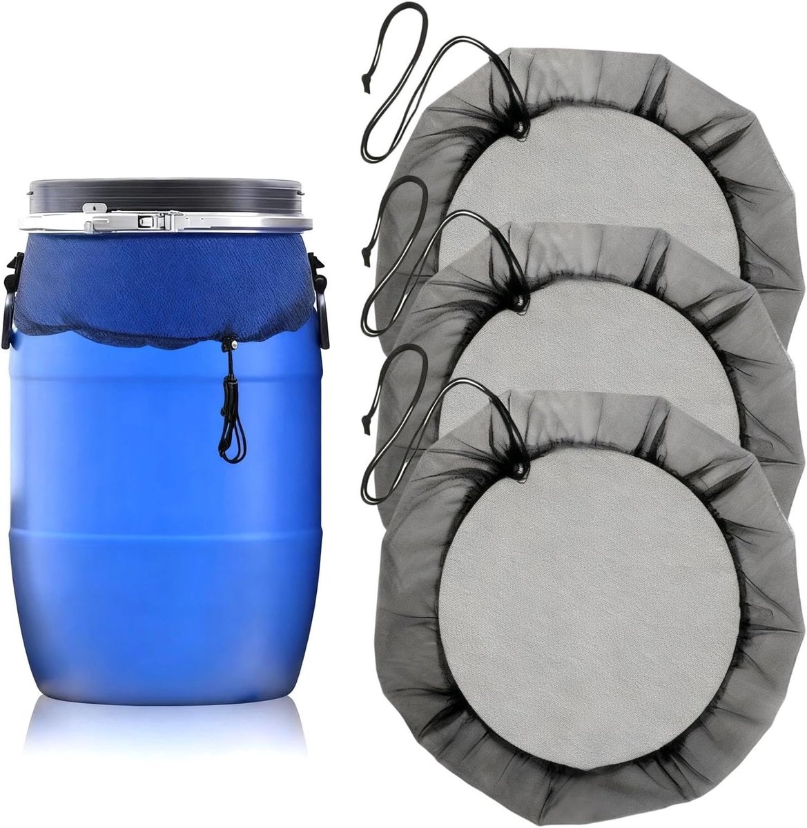 longziming - Regentonnen Afdeknet - Waterton Deksel Met Koord - 3 Stuks - 60 cm - Polyester Ton Afdekking - Verstelbare Koordtrek - Elastische Rand Bevestiging - Beschermt Tegen Bladeren En Insecten - zwart