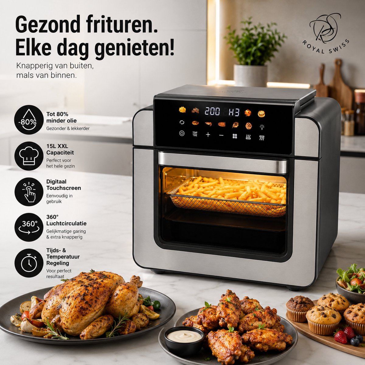Royal Swiss® Airfryer Oven 15L XXL – Heteluchtfriteuse – 1800W – 9 Programma’s – PFAS Vrij – Inclusief Accessoires — afbeelding 4