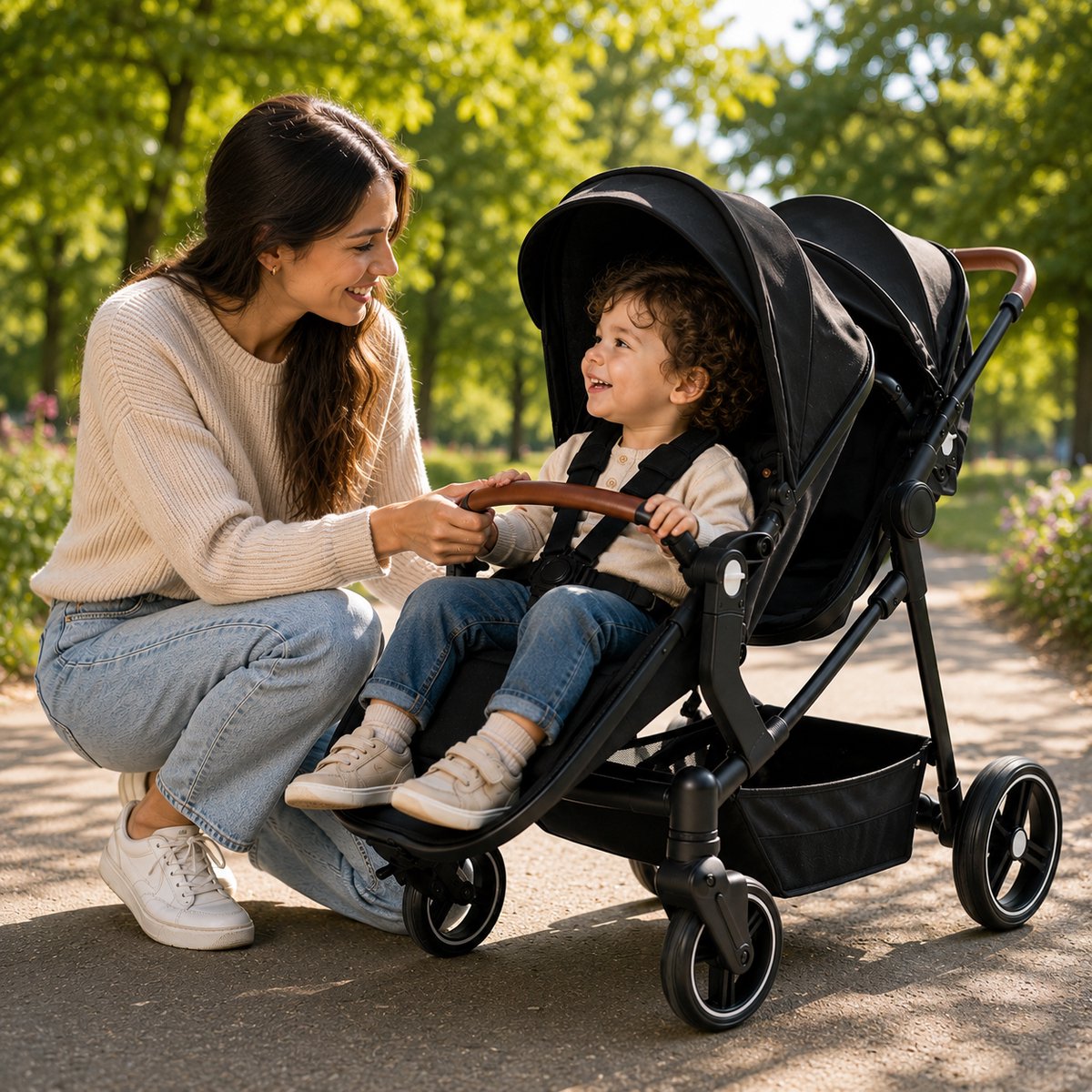 Sensova Dubbele Kinderwagen voor Tweelingen en Duo’s – Opvouwbare Duo Buggy met Zitten en Liggen, Afzonderlijk Verstelbare Zitjes, Schokdemping, Reiswiegfunctie, Luxe Duwstang en Comfort vanaf de Geboorte tot 22 kg per Zitje — cadeau in Cadeau-ideeën - foto 5