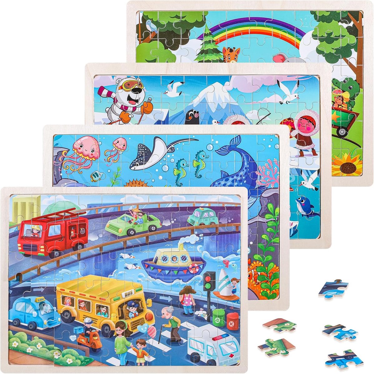 Montessori Puzzels voor kinderen vanaf 4, 5, 6, 7, 8 jaar, 4 x 60 stuks, houten puzzels voor jongens en meisjes, verschillende thema's, kinderpuzzel, cadeaus voor kinderen