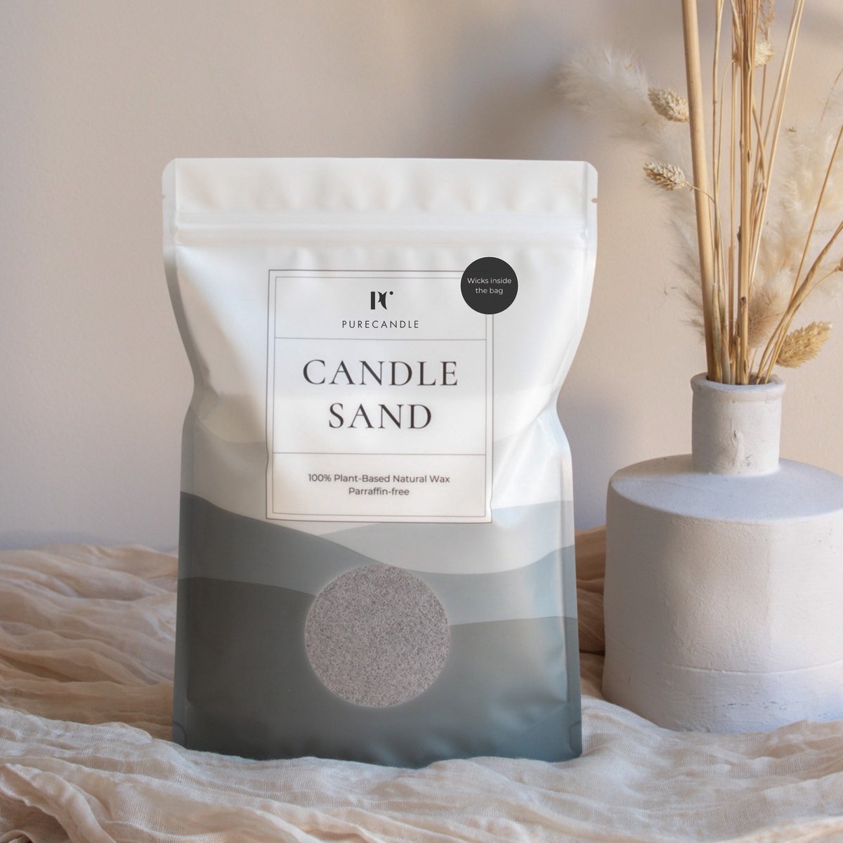 PureCandle Kaarsenzand met Lonten – Grijs – 450g (740ml) – 20 Lonten – Navulbare Set voor Decoratieve Kaarsen - Kaarspoeder - Origineel en Leuk Cadeau - Poederkaars - Kaars parels