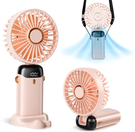 Draagbare handventilator 3-in-1, 5 snelheden, 12 uur accu, LED-display, 90° verstelbaar, stil, lichtgewicht