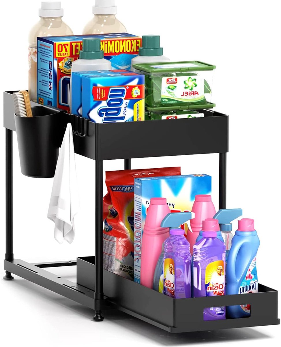 Onderkast Organizer 2 Laags met Schuiflade – Keuken & Badkamer Opbergrek – Ruimtebesparende Kast Organizer met 4 Haken en 2 Bekers – Multifunctioneel Onder Wasbak Rek – ABS & Metaal – Zwart