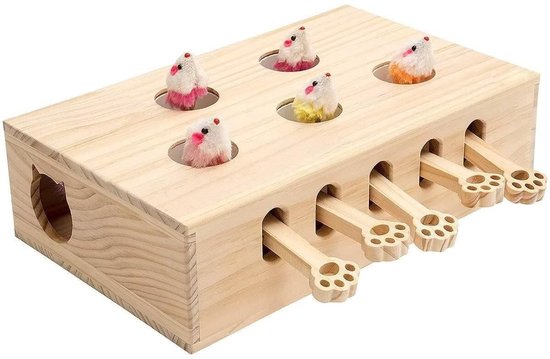 Houten 'Whack-a-mole' kattenspeelgoed met 6 gaten, 5 speelgoedmuizen en 4 poten-handvatten.