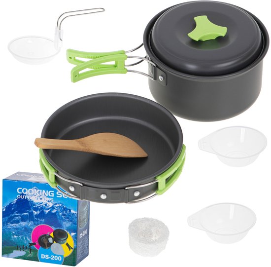 Camping Pannenset - 9-Delige Aluminium Kookset XL - Pot 15 cm en Koekenpan 16 cm - Compacte Mess Kit met Kommen en Opbergzak