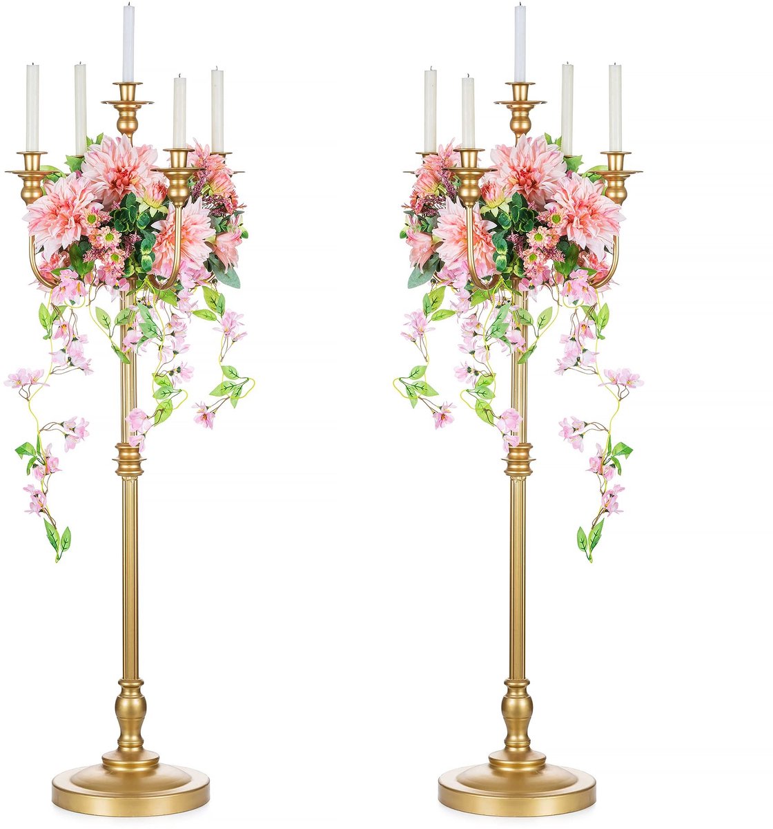 aladdien - Hoge Kandelaar Set - 5-Armen Kandelaar - Decoratieve Eettafel Accessoire - Gouden Kleur - Antieke Vloer Kandelaar - Geschikt voor Bruilof...