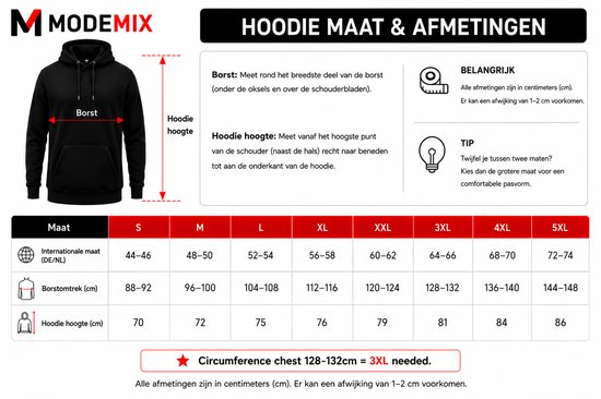 Maattabel voor hoodies: internationale maten, borstomtrek en hoodiehoogte in cm.