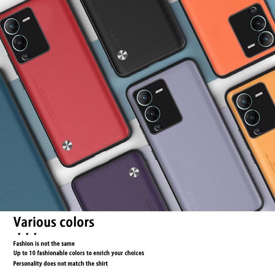 Telefoonhoesjes in diverse kleuren: rood, zwart, oranje, lichtpaars en donkerpaars. Tekst "Various colors"