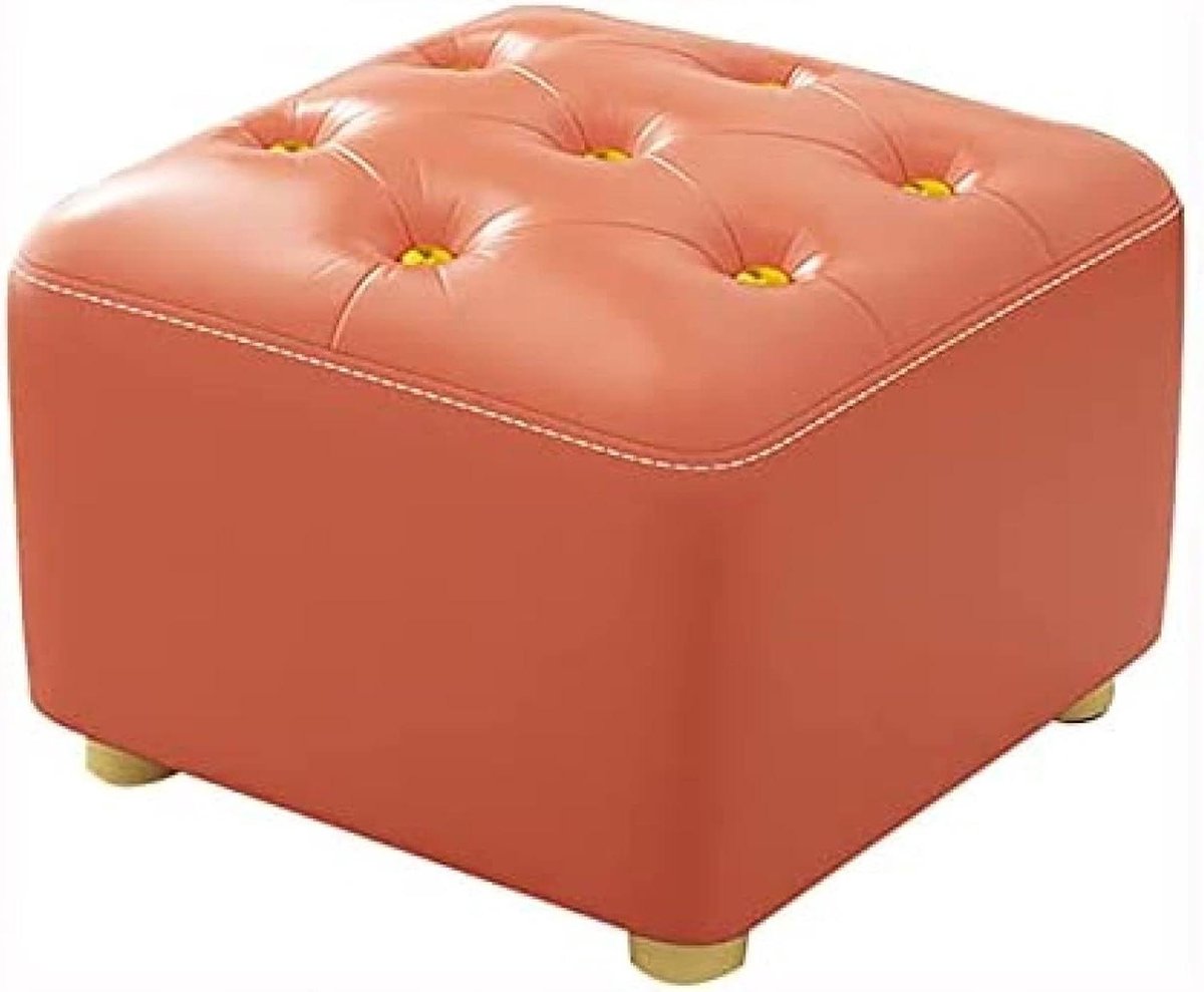 Voetenbankje met knop - Poef bankje - Ontspannen zitten - Leren zitting - 30x30x25cm - Oranje
