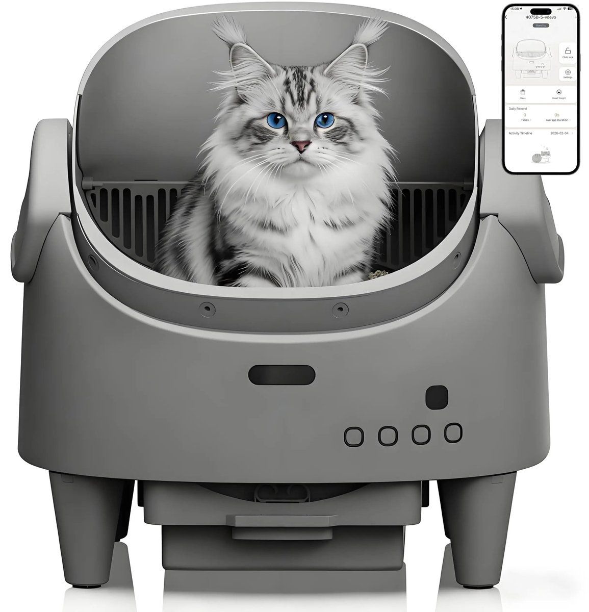 Geargalaxy Zelfreinigende Kattenbak - Kattenbak - Kattentoilet - Automatische Kattenbak - Slimme Kattenbak met App - 120L - Grijs