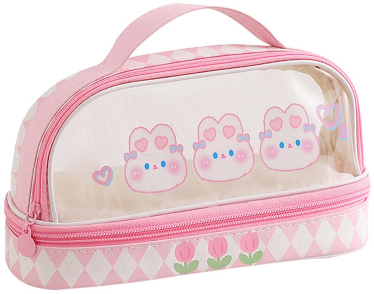 aladdien - Transparante pennenetui - Cartoon potloodzak - Ruime capaciteit - Roze konijn - Multifunctionele etui - Geschikt voor kinderen, studenten..