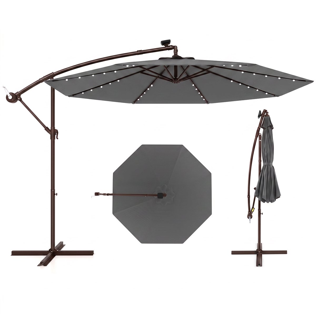 COSTWAY Parasol 300 cm, zweefparasol met 40 ledlampen op zonne-energie en zwengel, tuinscherm, marktparasol, terrasparasol voor tuin, zwembad, terras, antraciet, antraciet, 300 cm