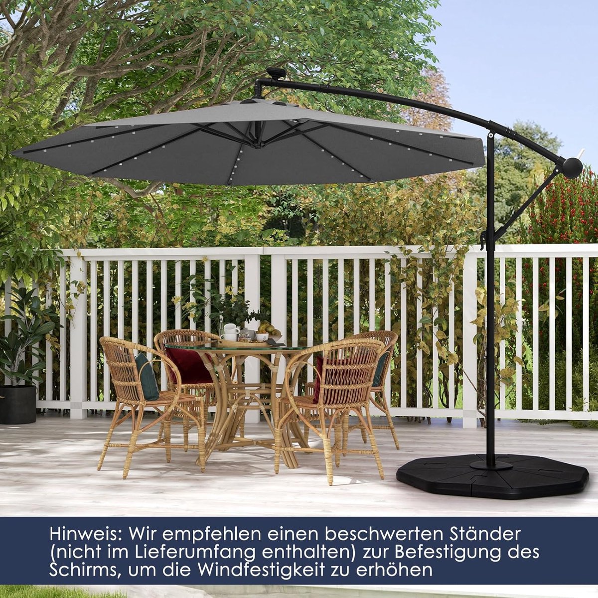 COSTWAY Parasol 300 cm, zweefparasol met 40 ledlampen op zonne-energie en zwengel, tuinscherm, marktparasol, terrasparasol voor tuin, zwembad, terras, antraciet, antraciet, 300 cm – foto 5
