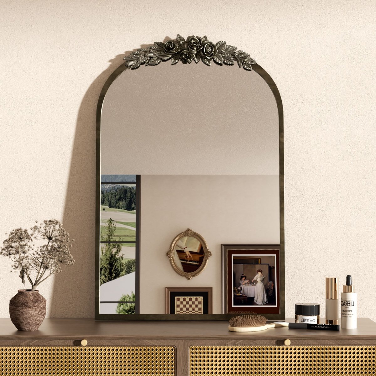 Artloge Barok Wandspiegel - Gebogen Antieke Spiegel - - Gesneden ontwerp - 60.5x91.6cm - Messing Goud