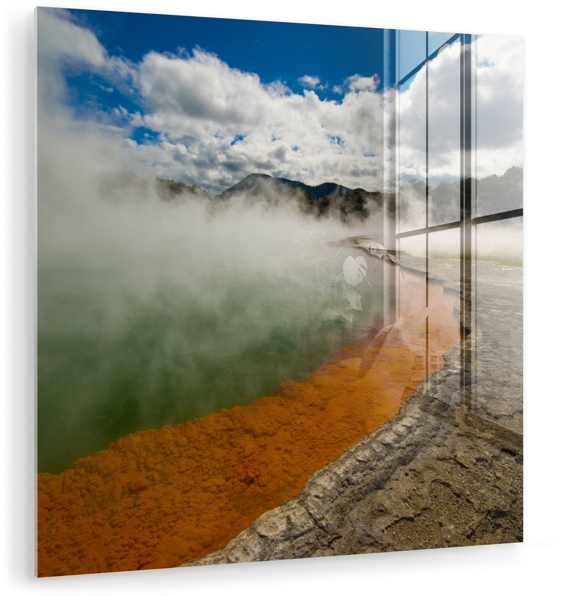 ® Glasschilderij 20x20 cm - Schilderij acrylglas - Warmwaterbronnen meer in een thermisch