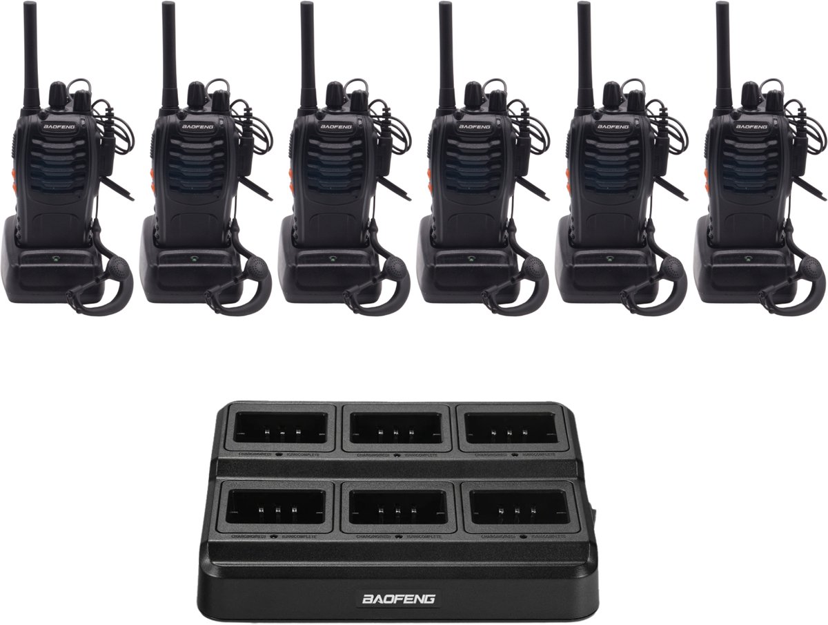 Set van 6x Baofeng BF-88E PMR portofoons met 6-voudig laadblok en headsets - Geen vergunning nodig - Walkie Talkie - BF88E portofoon