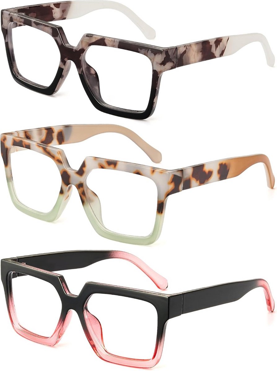 Dames leesbrillen 3-pack oversized vierkant met blauwlichtfilter