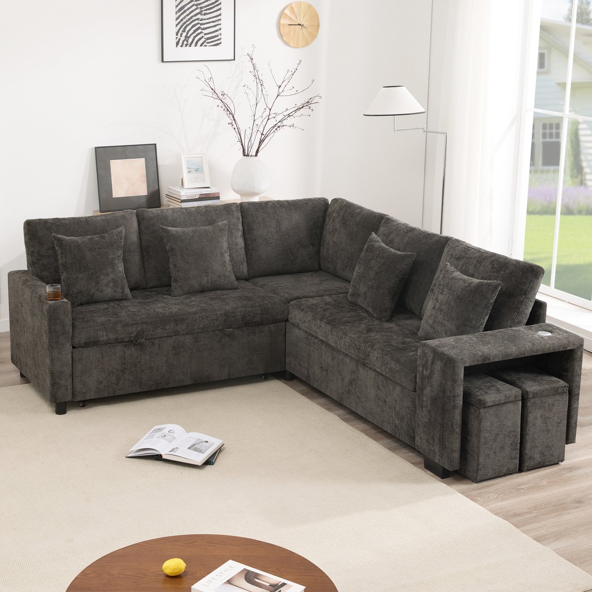 Wishdor Luxe Hoekslaapbank met Opbergruimte - Uitschuifbaar Bed, USB-C, Bekerhouder & 2 Verborged Poefs - Chenille - Grijs - 220x205x86,5 cm