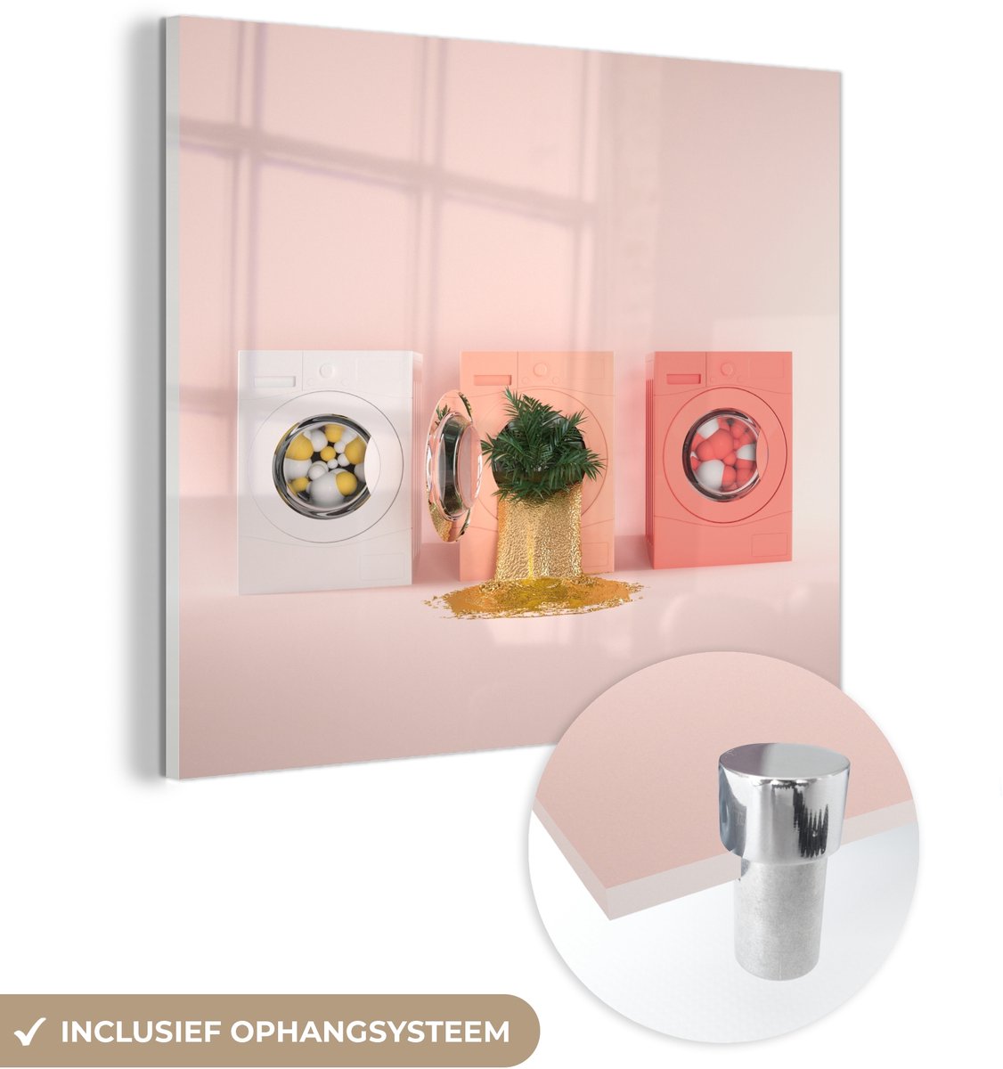 ® Glasschilderij 90x90 cm - Schilderij acrylglas - Minimal art van drie wasmachines - Foto
