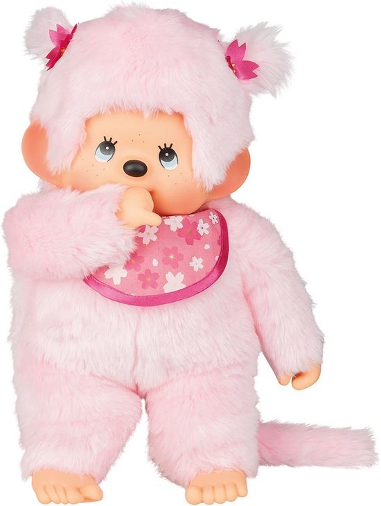 Originele Monchhichi kersenbloesem voor meisjes, pluche dier met slabbetjes en vlechten met bloemen, ca. 45 cm groot knuffeldier van roze pluche — afbeelding 4