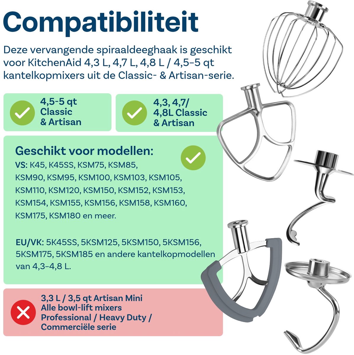 5-Delige Accessoireset voor KitchenAid 4.3, 4.7/4.8L Tilt-Head Stand Mixers Artisan & Classic Series van MMOBIEL - K45 6-Draads Garde, Platte Mixer, Flex Edge Klopper, Spiralen Deeghaak & Deeghaak - RVS thumbnail 2