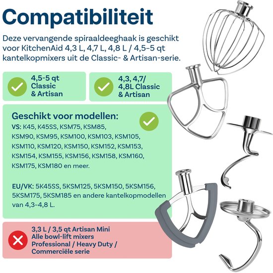 MMOBIEL 5-Delige Accessoireset voor KitchenAid 4,5-5 Quart Tilt-Head Stand Mixers Artisan & Classic Series - K45 6-Draads Garde, Platte Mixer, Flex Edge Klopper, Spiralen Deeghaak & Deeghaak - RVS van MMOBIEL — afbeelding 4