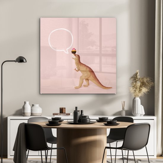 MuchoWow ® Peinture sur Verre - speelgoed Dinosaurus - Cupcake - Rose - 90x90 cm - Peintures sur Verre Peintures - Photo sur Glas