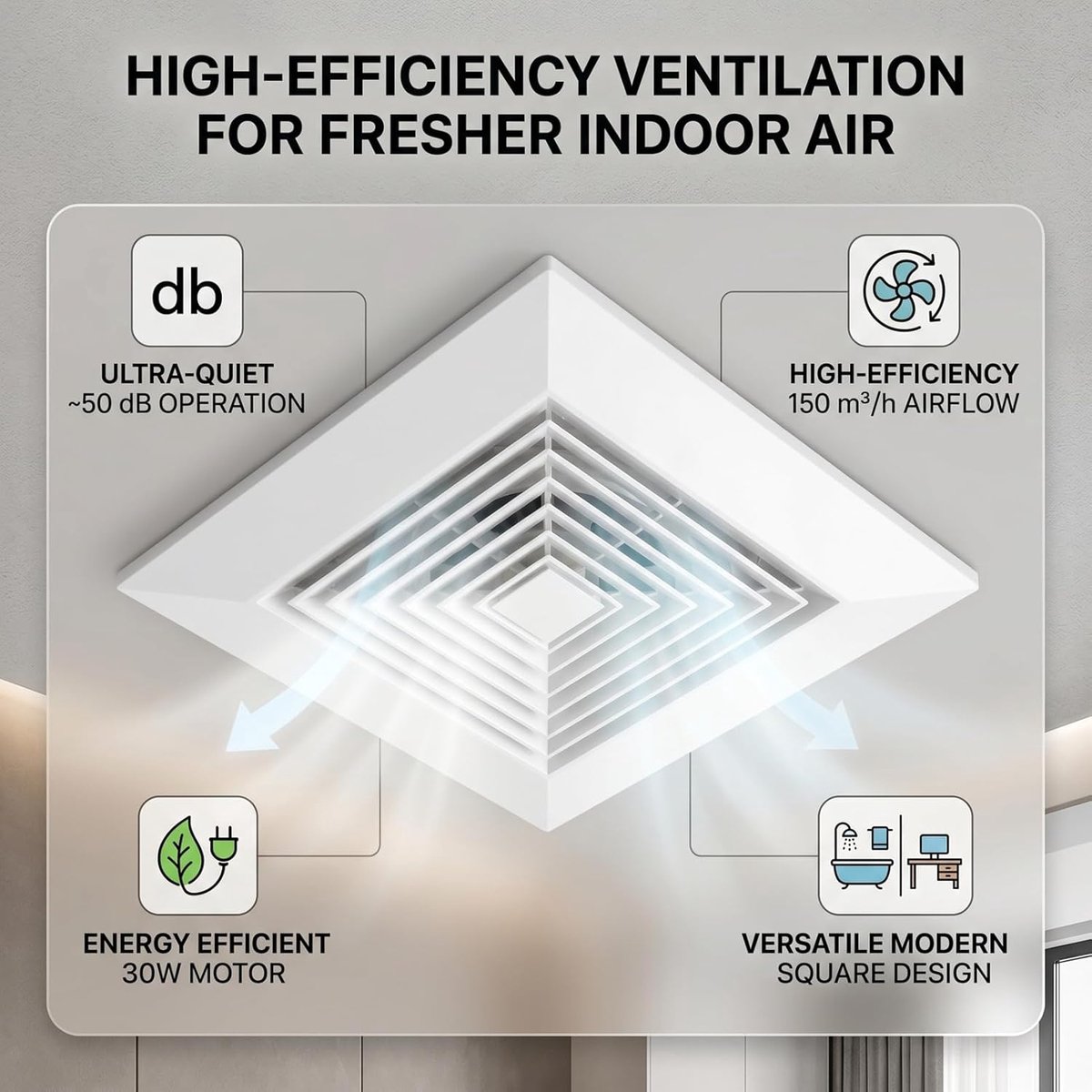 Plafondafzuigventilator - Stille Ventilator - Luchtkwaliteit Verbeteren - Krachtige Luchtstroom - 30W - Wit – foto 2