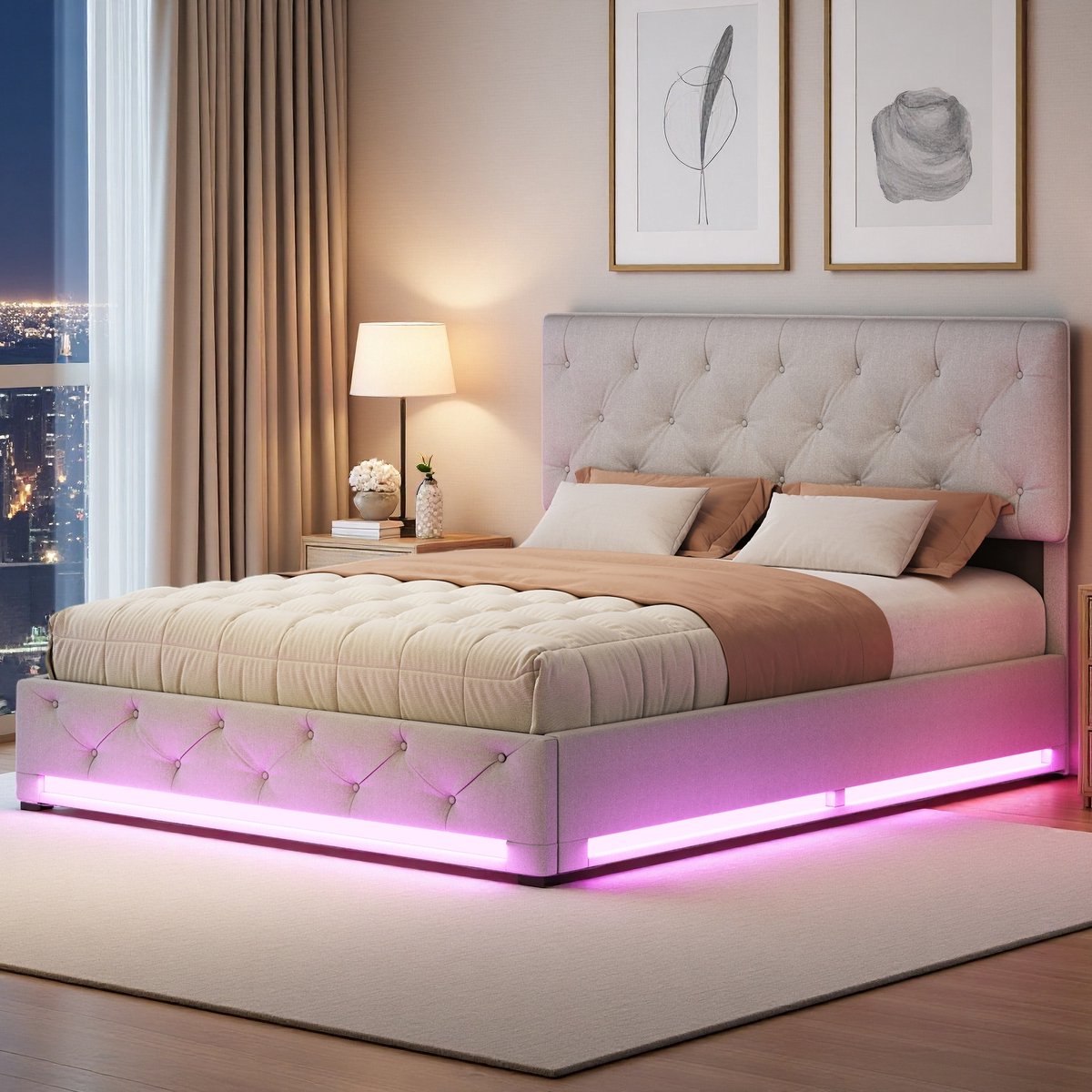 Tweepersoonsbed Gestoffeerd Bed 160x200 cm - Met Lattenbodem en Hydraulische Hendel,Opbergbed,Jeugdbed,Bedframe met Led Verlichting,PU,Beige,Zonder Matras