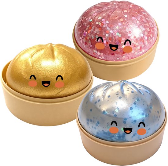 Lot de 3 dumplings pailletés - grande boîte de squishies dumpling - joli bao bun fidget pour décoration de bureau - jouets sensoriels anti-stress avec panier vapeur