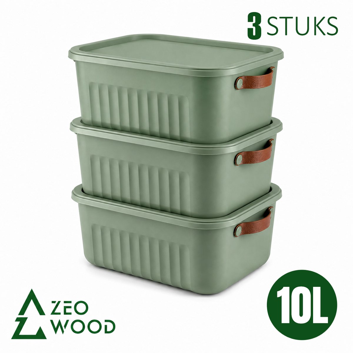 Zeo Wood® - Opbergbox met Deksel - Opbergdozen met Deksel - Opbergmand met Deksel - Set van 3 - 10L - Groen