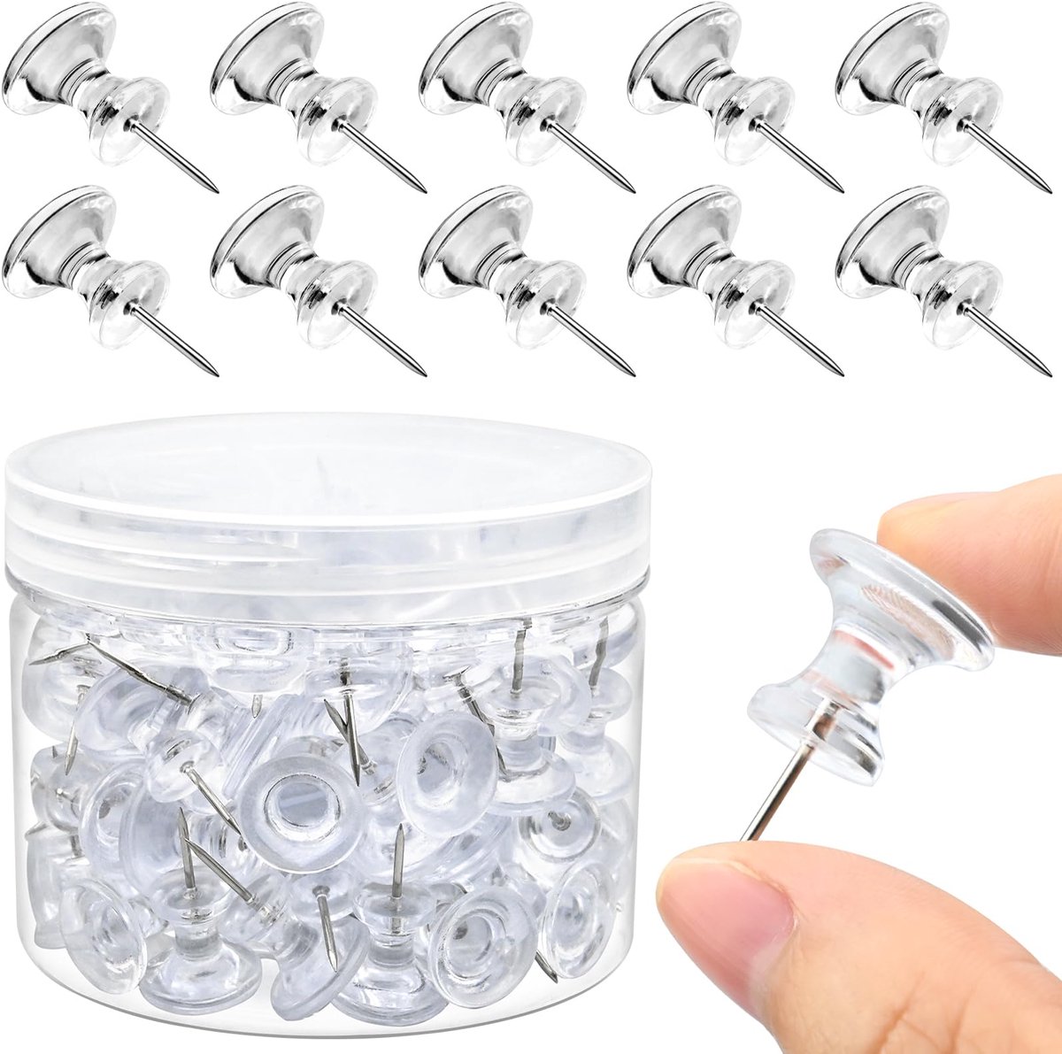 carmdering - Duimspijkers - Prikknopjes - Grote Duimspijkers - Set van 100, 2,6 cm, doorzichtig - Stevig kunststof met roestvrij staal - Voor kurk, prikbord en schuimplaat - Perfect voor school, kantoor en thuis