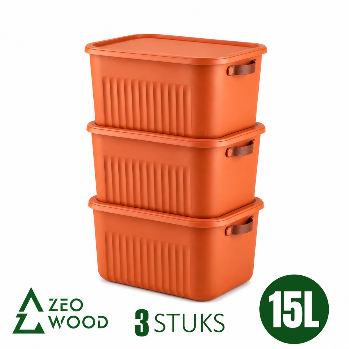 Zeo Wood® - Opbergbox met Deksel - Opbergdozen met Deksel - Opbergmand met Deksel - Set van 3 - 15L - Terracotta