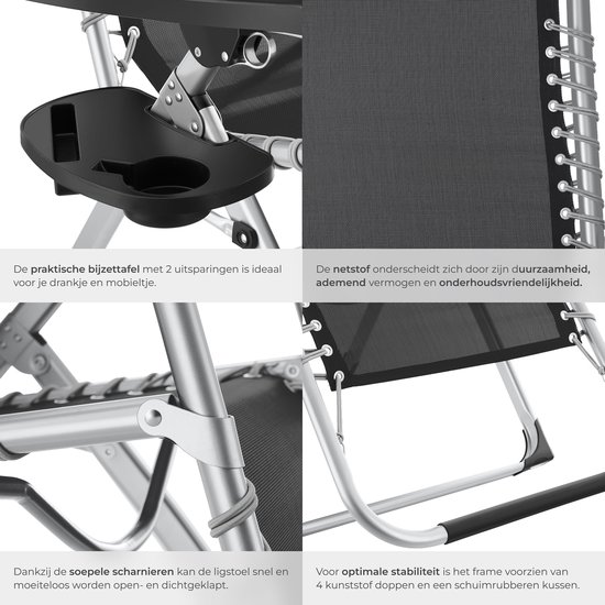 Close-ups van een zwarte ligstoel: het bijzettafeltje, de stof, de scharnieren en de stabiliteit van het frame met beschermdoppen.