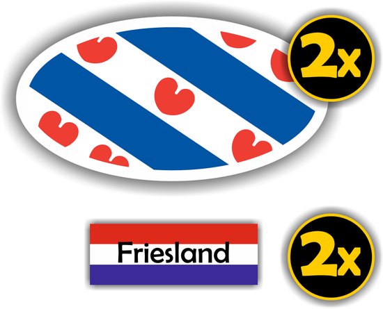 Ovale sticker met Friese vlag, '2x' in geel cirkel. Rechthoekige sticker 'Friesland', '2x' in geel cirkel.
