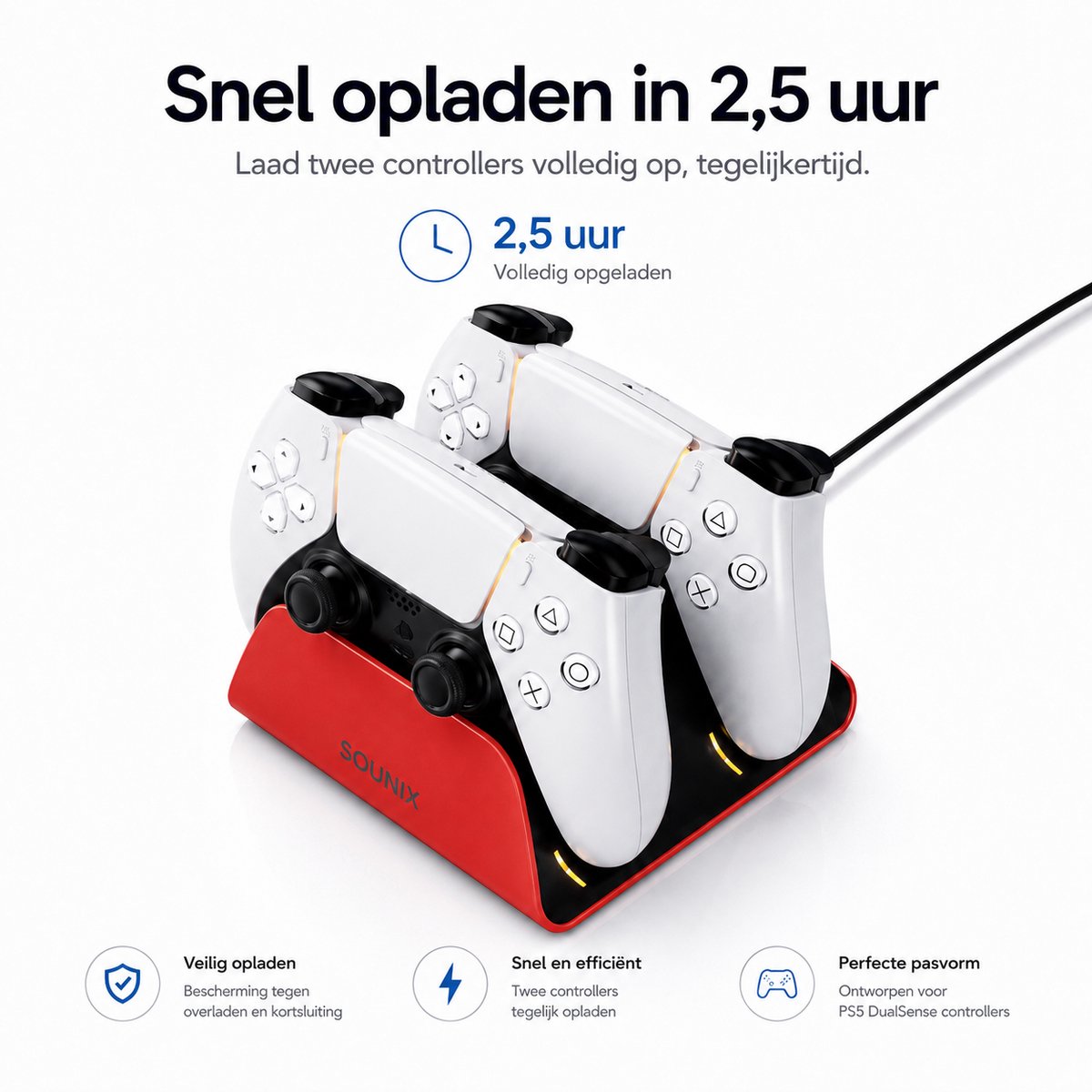 Sounix Oplaadstation geschikt voor PS5 / PS5 Slim / PS5 PRO / DualSense Controller - PS5 accessoires - Dual Oplader - Charging Dock - Rood – foto 4