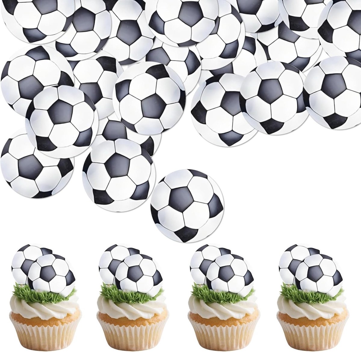 Taartdecoratie voor kinderen - 50 stuks voetbal cupcake-toppers en verjaardag versiering in zwart-wit thema