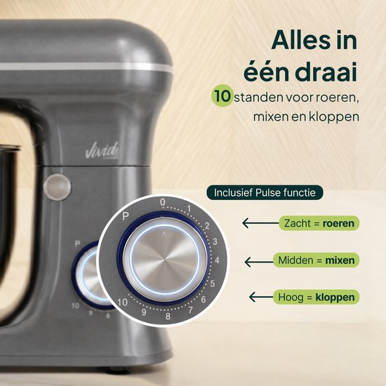 Grijze keukenmixer met bedieningsknop met 10 standen en pulse functie.
