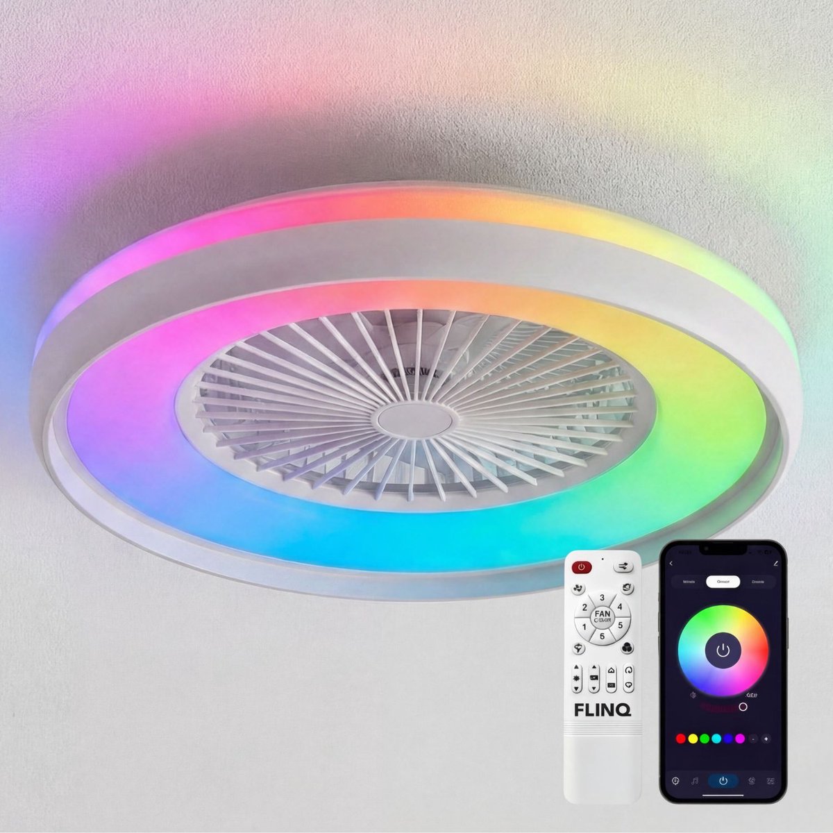 FlinQ LumiFan XL Ø60 cm Smart Plafondventilator met Verlichting - Lamp met 16 Miljoen Kleuren - Ventilator voor aan het Plafond - Ideaal voor op de Slaapkamer - Bestuurbaar met App of Afstandsbediening