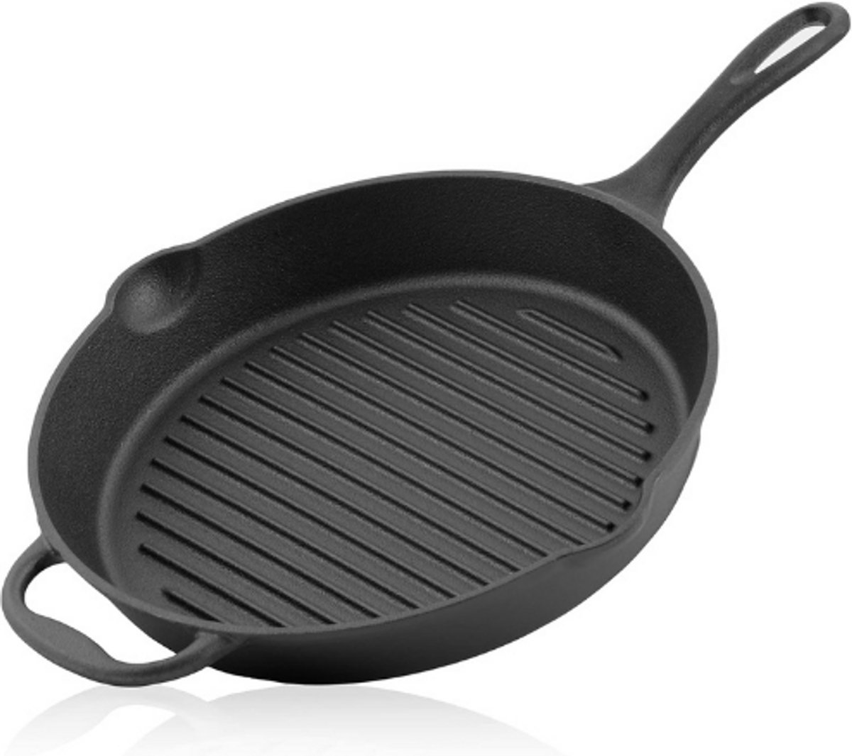 Gietijzeren Grillpan 29 Cm Met Handvat - Geribbelde Braadpan Met Schenktuiten - Geschikt Voor BBQ Oven En Fornuis - Duurzame RVS Look Grillpan