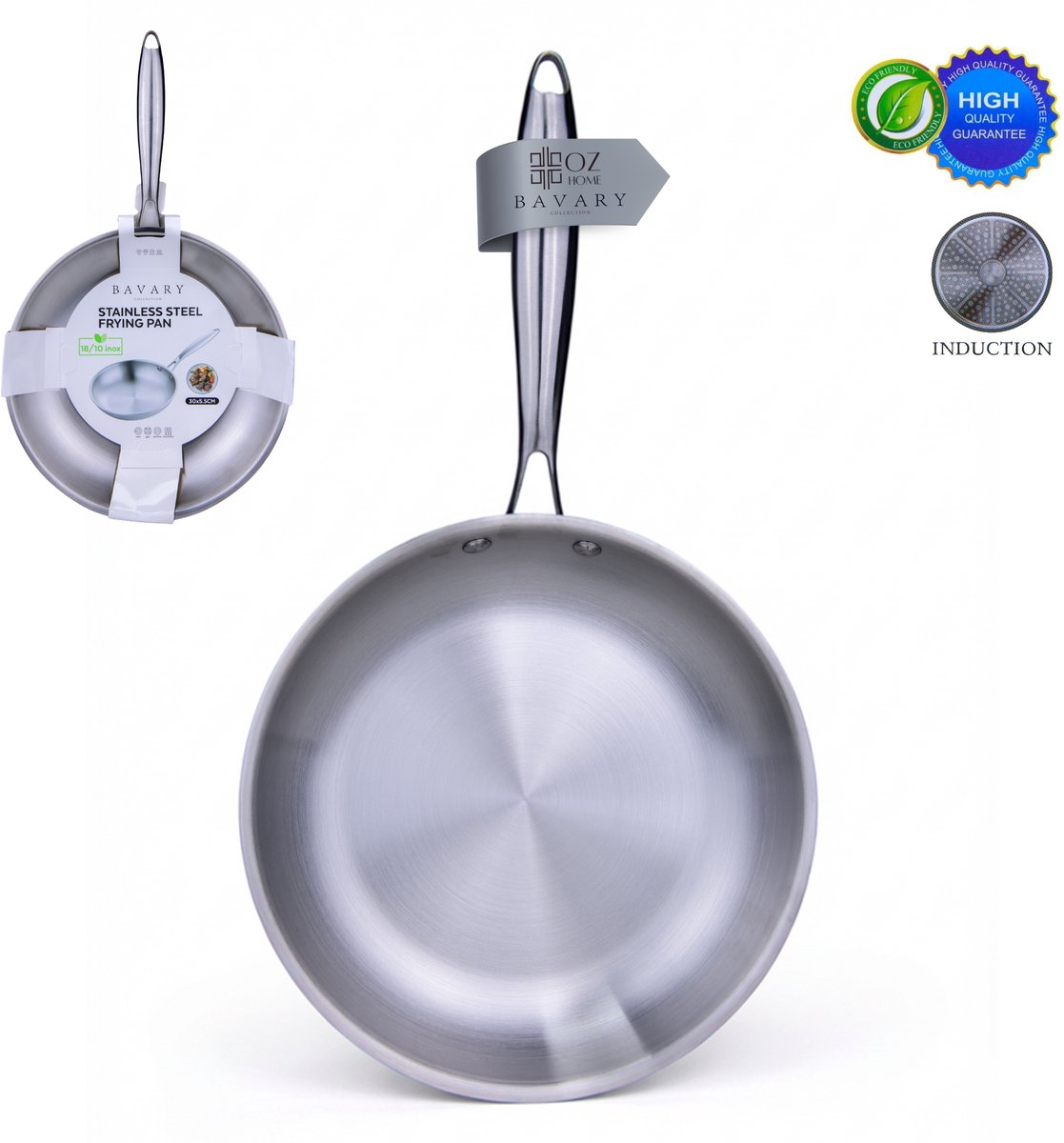 OZ Home Bavary RVS Koekenpan 30 cm - Inductie - 18/10 inox - Zonder Coating - PFAS-vrij - Alle Warmtebronnen