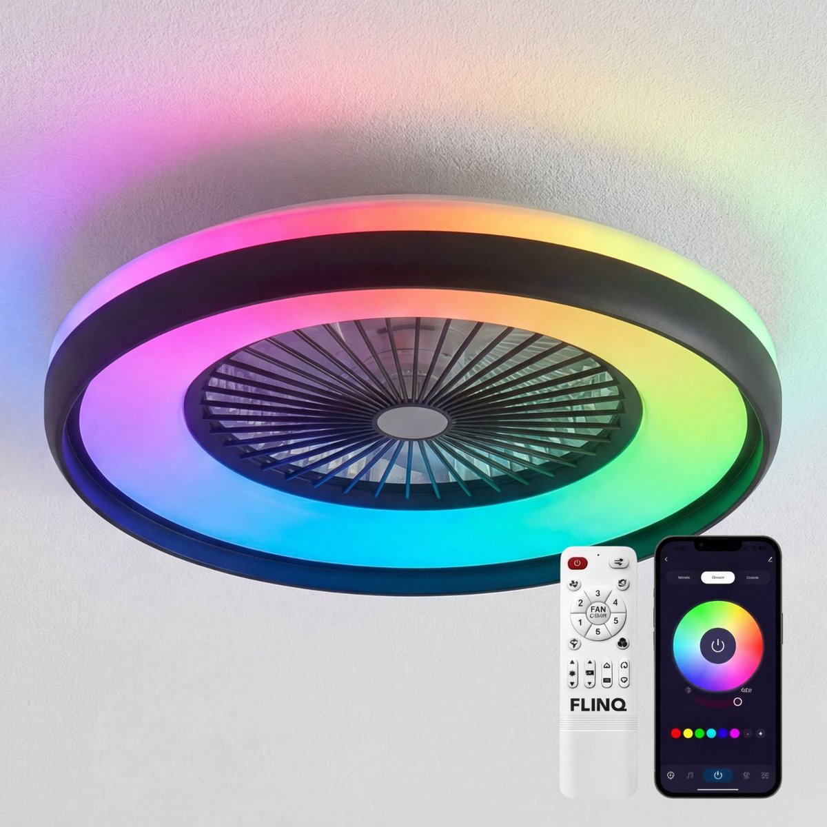 FlinQ LumiFan XL Ø60 cm Smart Plafondventilator met Verlichting - Lamp met 16 Miljoen Kleuren - Ventilator voor aan het Plafond - Ideaal voor op de Slaapkamer - Bestuurbaar met App of Afstandsbediening