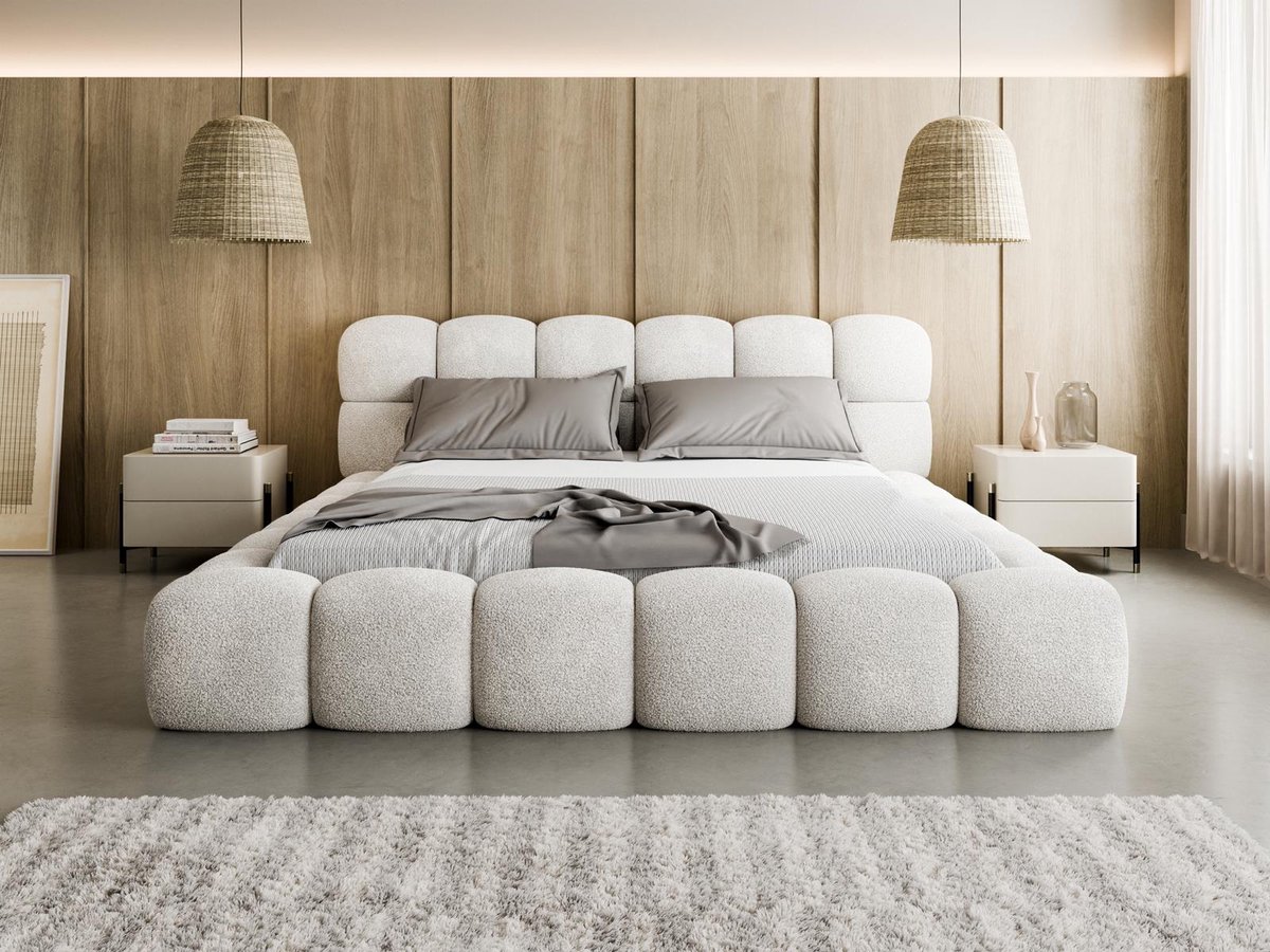 Compleo24- gestoffeerd bed - Tweepersoonsbed, Bubble bed, Bouclé-Gewebe- Wit-180x200