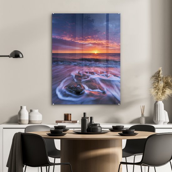 ® Glasschilderij 60x80 cm - Schilderij acrylglas - Zonsondergang bij de Noordzee bij het Engelse Nationaal park North York Moors - Foto op glas - Muurdecoratie woonkamer - Wanddecoratie slaapkamer - Schilderijen