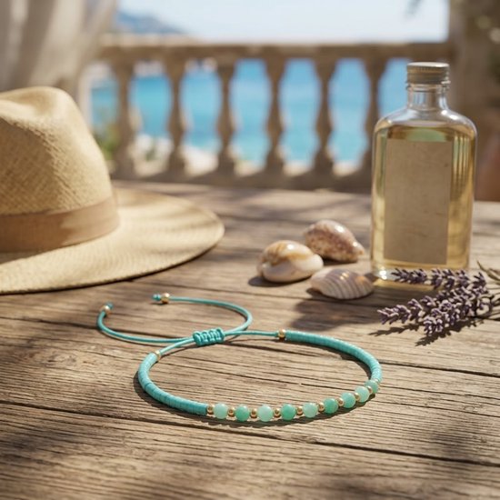 Turquoise koord armband met mintgroene kralen en gouden accenten, op een houten tafel.