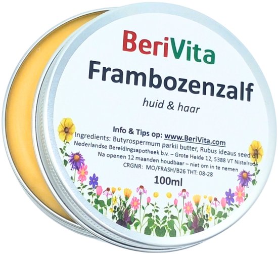 Berivita Frambozenzalf voor huid & haar, 100ml. De ronde witte pot is versierd met gekleurde bloemen.