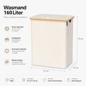 Beige wasmand met bamboe deksel, 160 liter. Afmetingen 75x57x37cm. Gemaakt van Oxford-stof & bamboe.